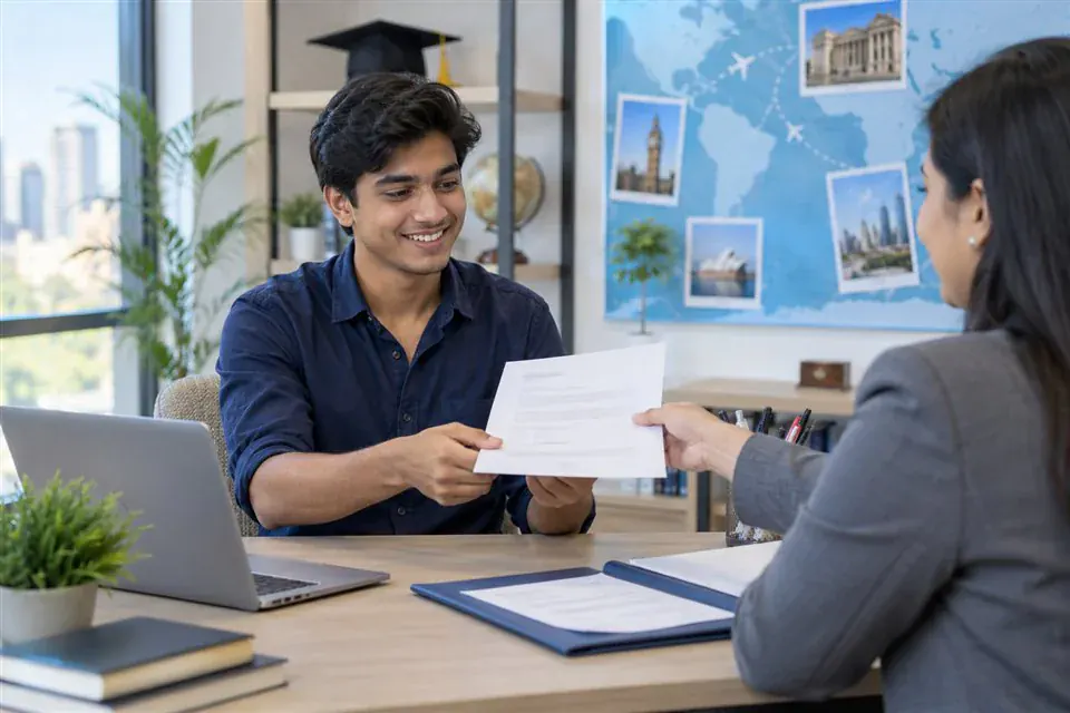 A student receiving a university offer letter from an admissions advisor