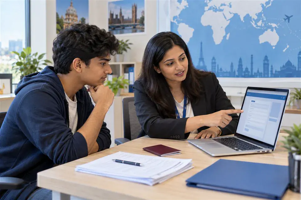 A visa counselor guiding a student through an online application with supporting documents