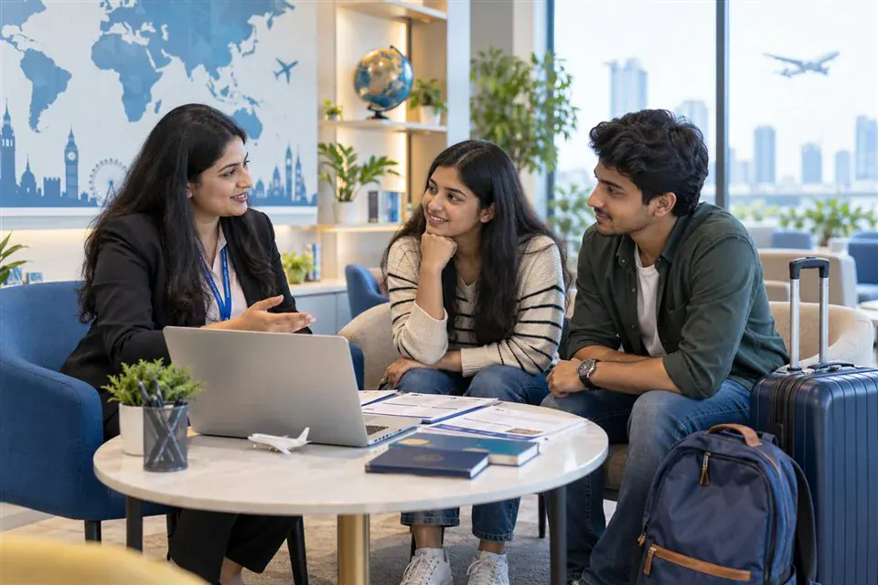An advisor briefing two students on overseas travel preparation with luggage beside them