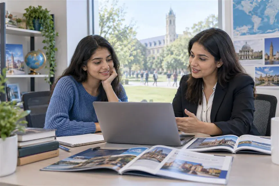 A student and counselor reviewing university and course options together