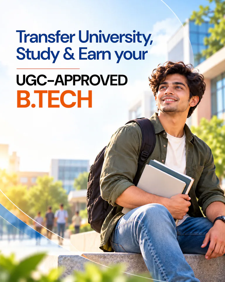 Transfer university, study, and earn your UGC-approved B.Tech. A student holding a laptop on campus.