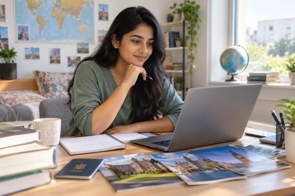 An Indian student reviewing overseas university options on a laptop with study materials at their desk